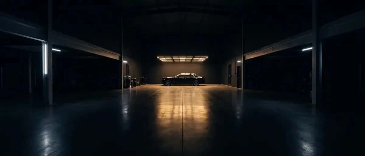 A dark, near-empty workshop at night seen down its centre line: a single dark car parked at the far end under a warm ceiling light panel whose reflection runs the length of the polished floor, steel columns and cool strip lights along both side walls.