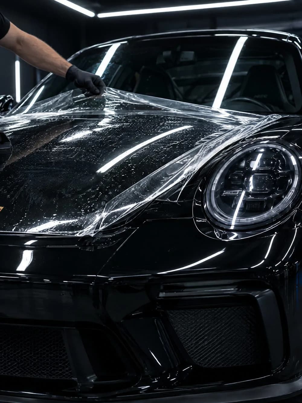 A gloved hand holds a sheet of clear film taut over the hood and front fender of a black Porsche 911, the sheet catching the white light bars overhead.
