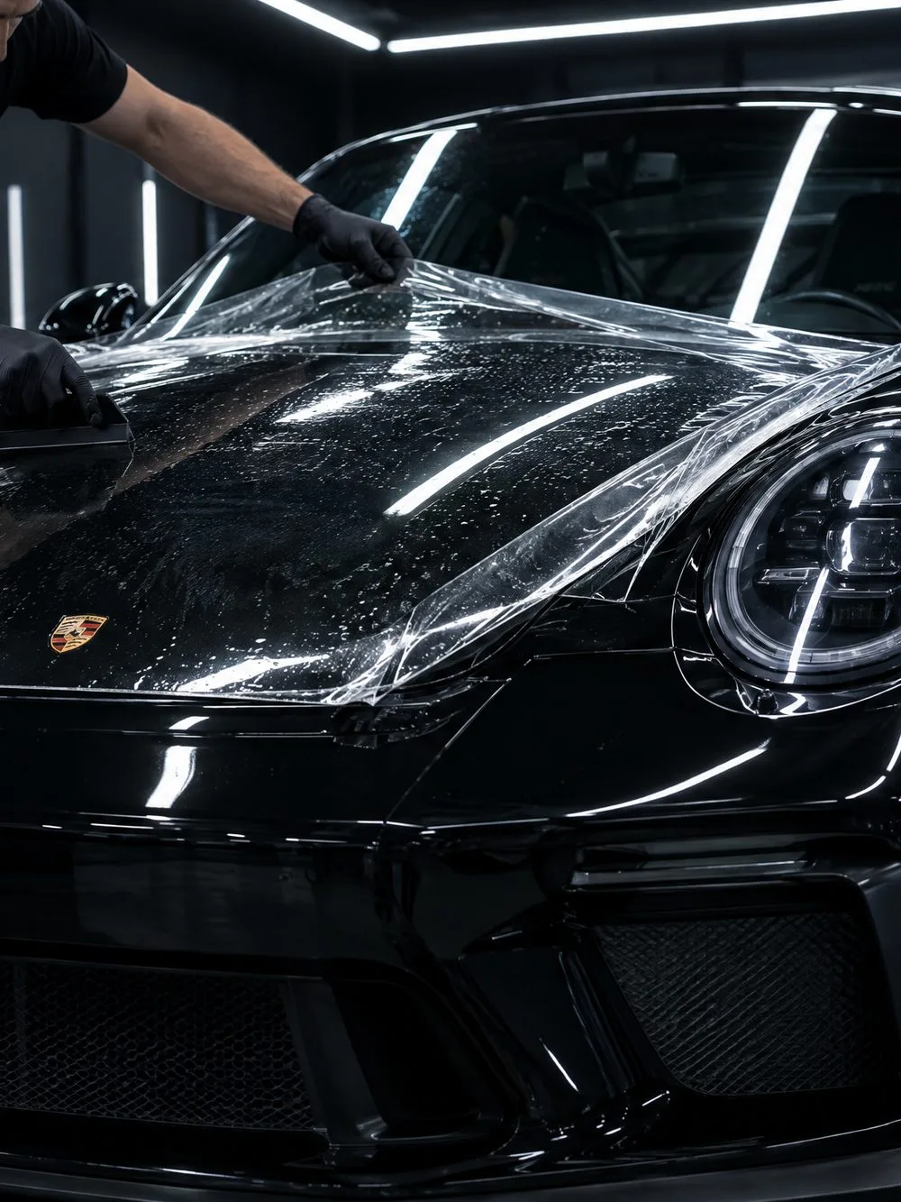 Gloved hands draw a squeegee across a sheet of clear film laid over the hood of a black Porsche 911, in a dark studio with white light bars reflected down the paint.
