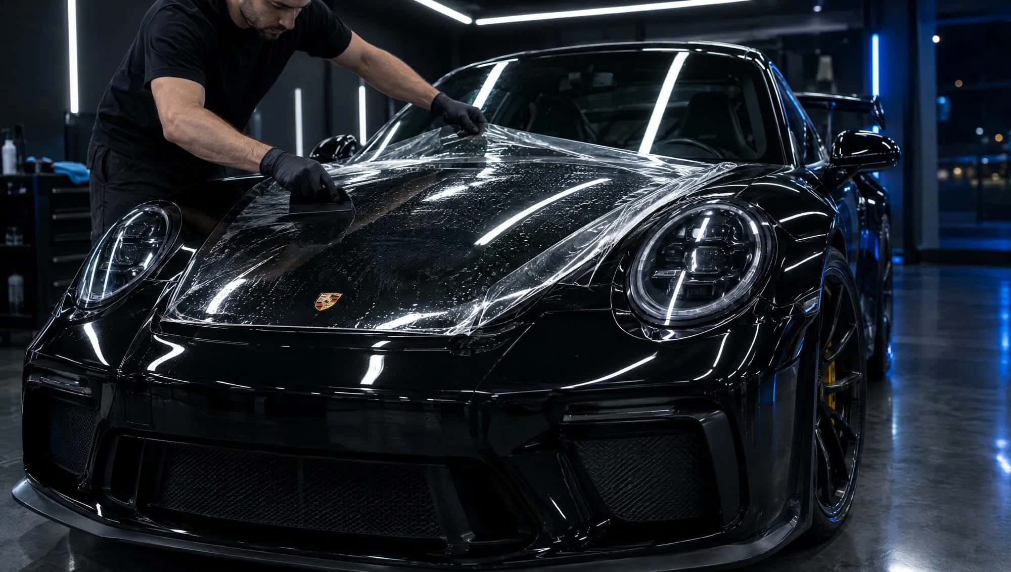 Gloved hands draw a squeegee across a sheet of clear film laid over the hood of a black Porsche 911, in a dark studio with white light bars reflected down the paint.